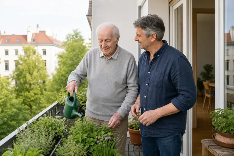 Senior und Betreuer gießen Pflanzen auf dem Balkon