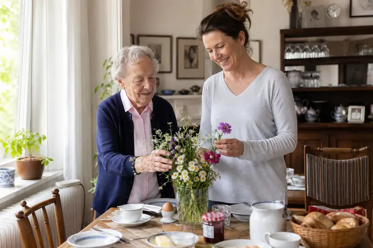Seniorin und Betreuungskraft decken den Frühstückstisch