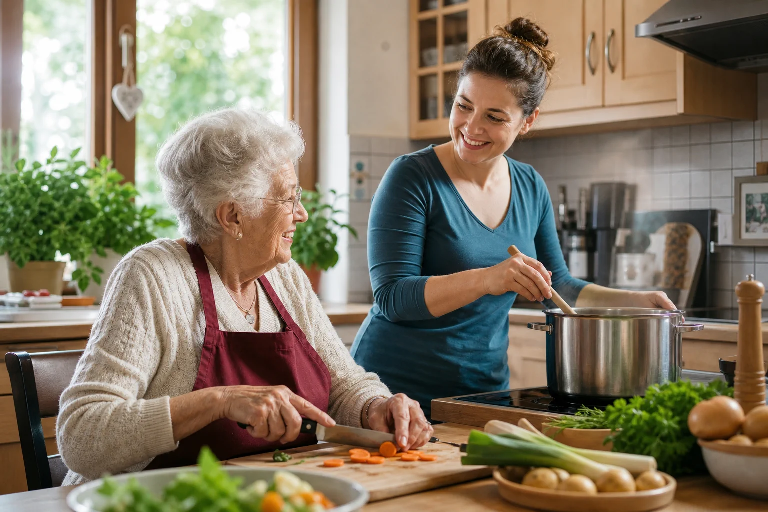 Eine Seniorin und ihre Betreuungskraft kochen gemeinsam zuhause