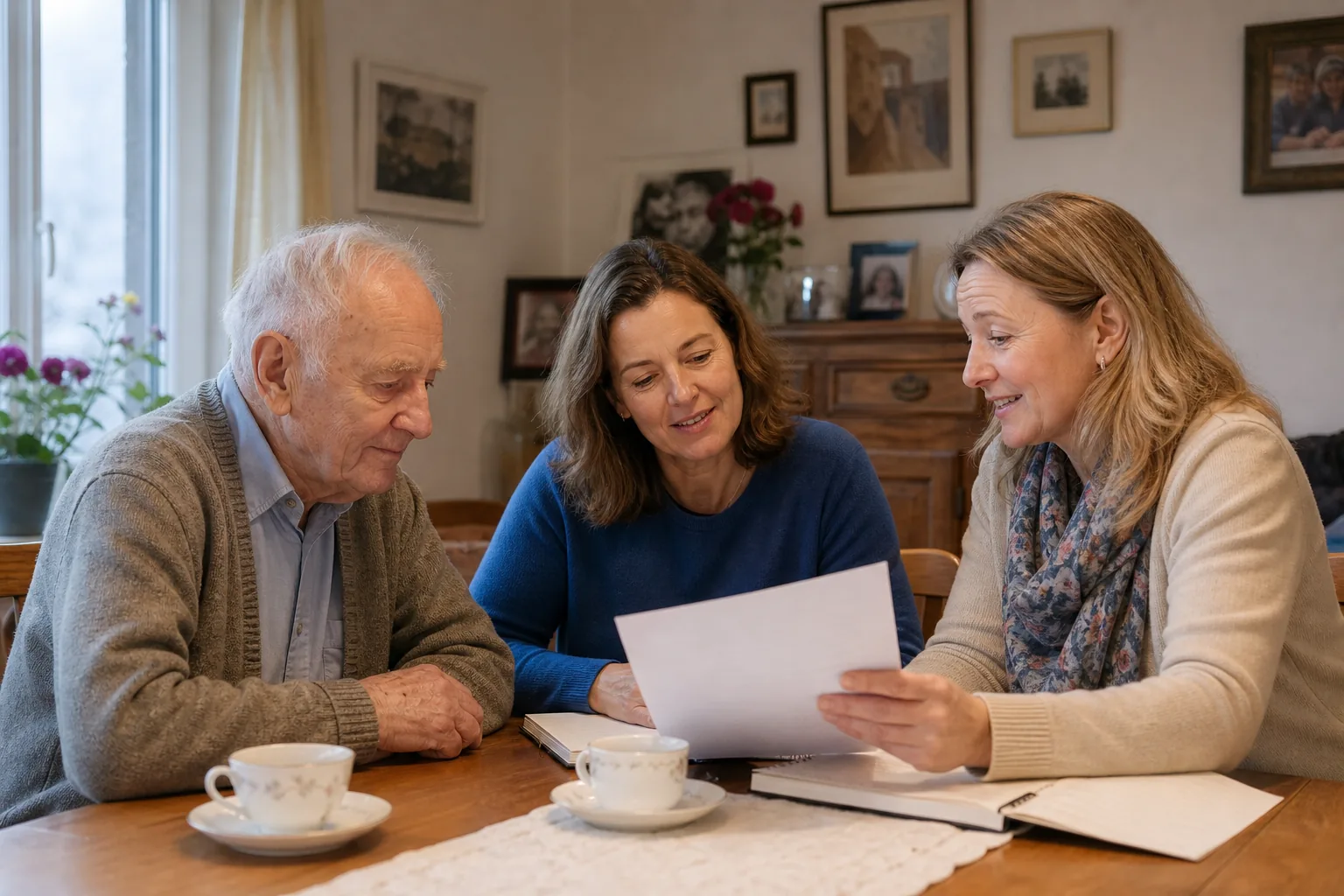 Eine Familie bespricht mit einer Pflegeberaterin die Betreuung zuhause