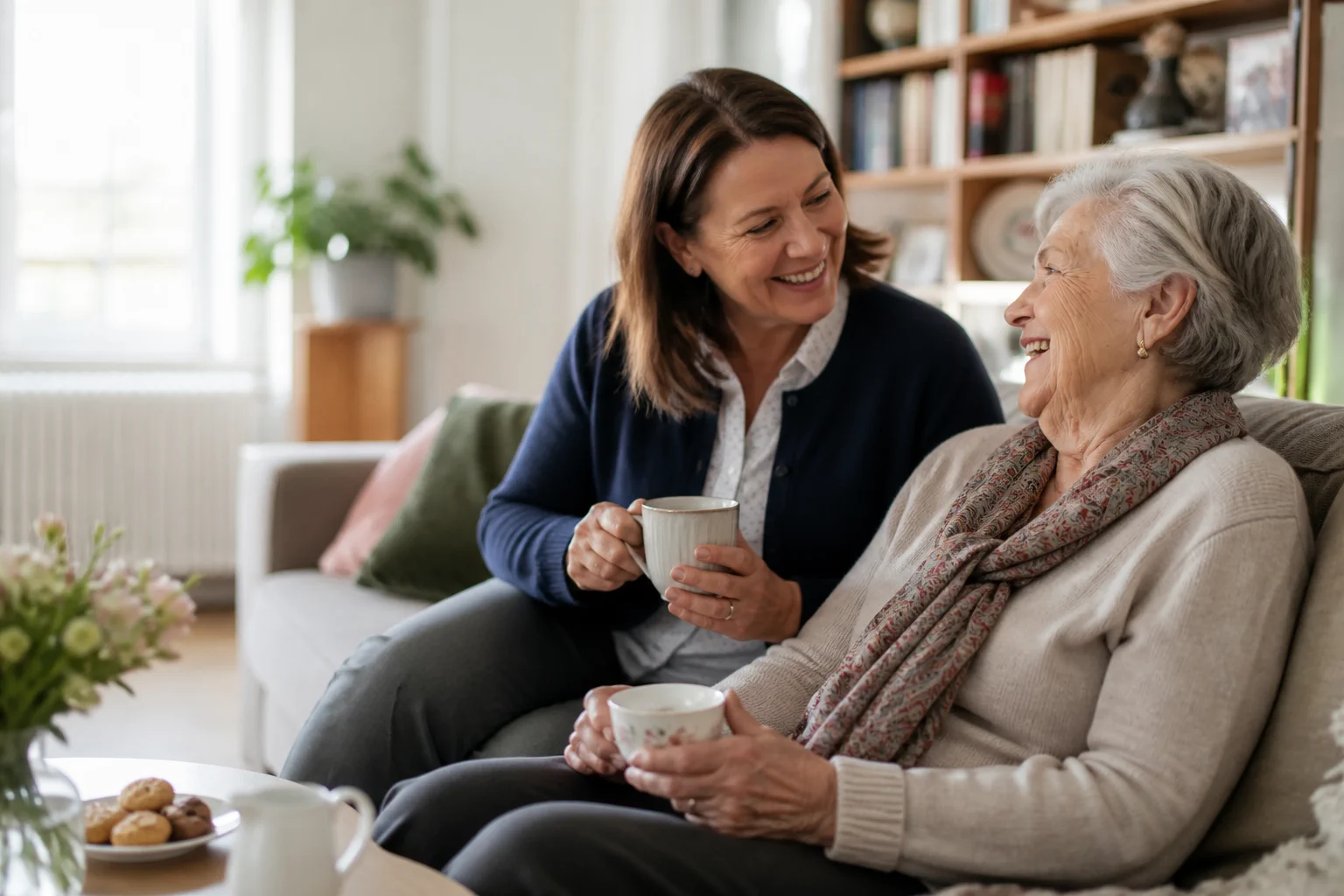 Eine Seniorin und ihre Betreuungskraft lachen bei einer Tasse Tee