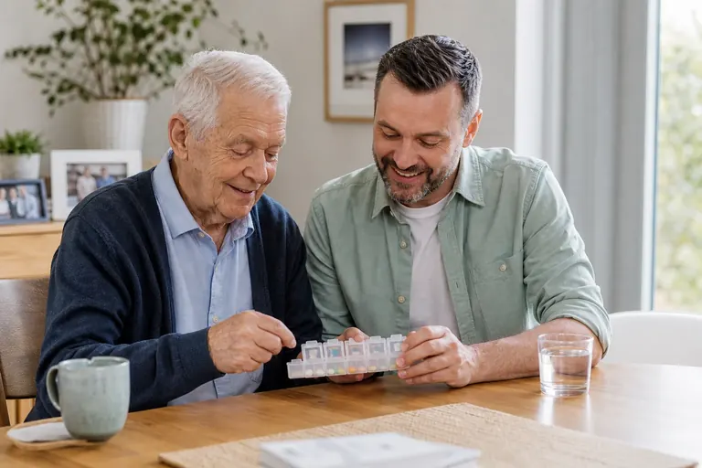Betreuungskraft sortiert mit einem Senior die Tabletten für die Woche