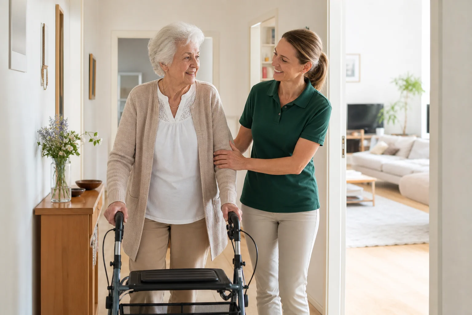 Eine Seniorin bewegt sich mit Rollator und leichter Unterstützung sicher zuhause