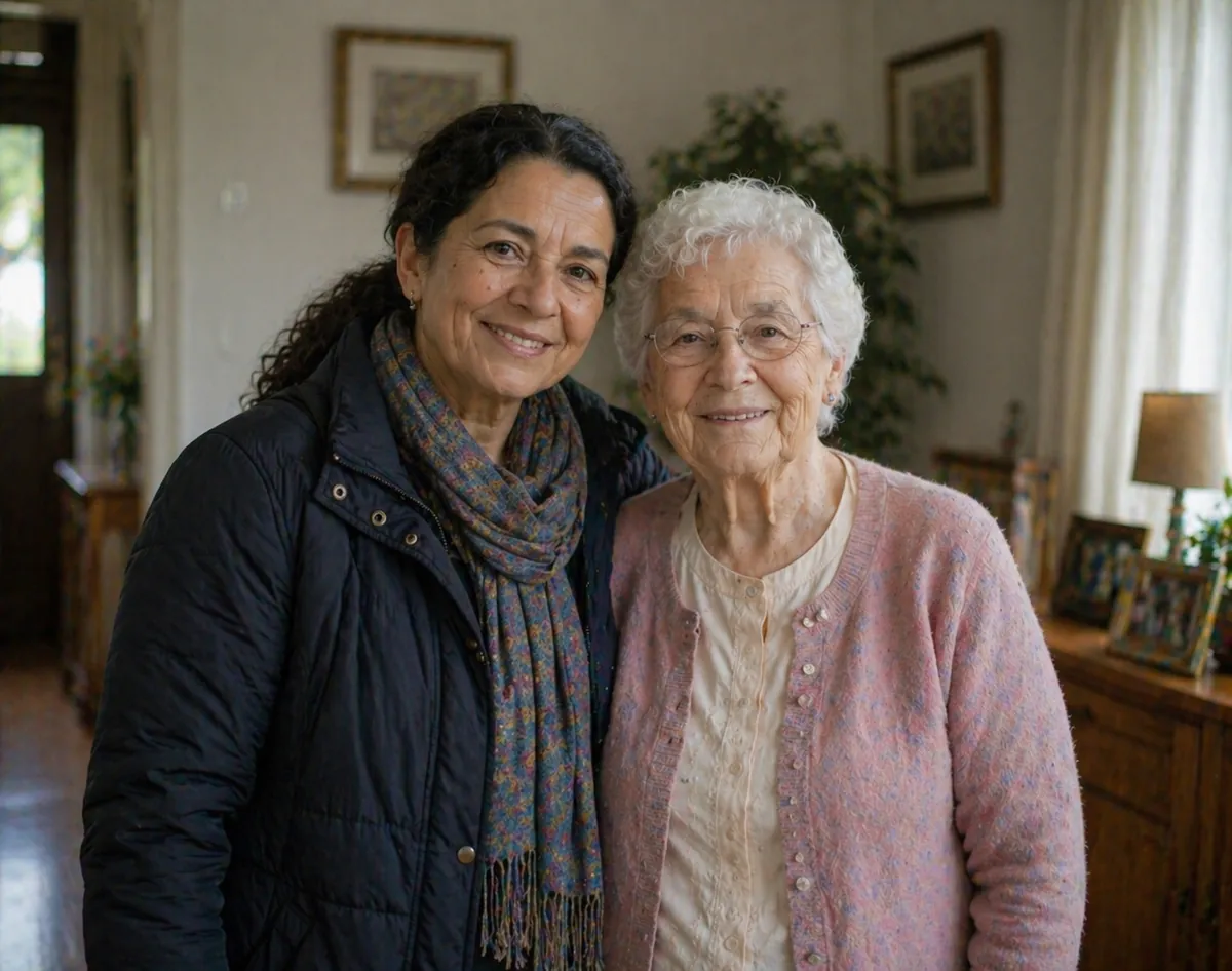 Betreuungskraft und Seniorin Arm in Arm im Wohnzimmer