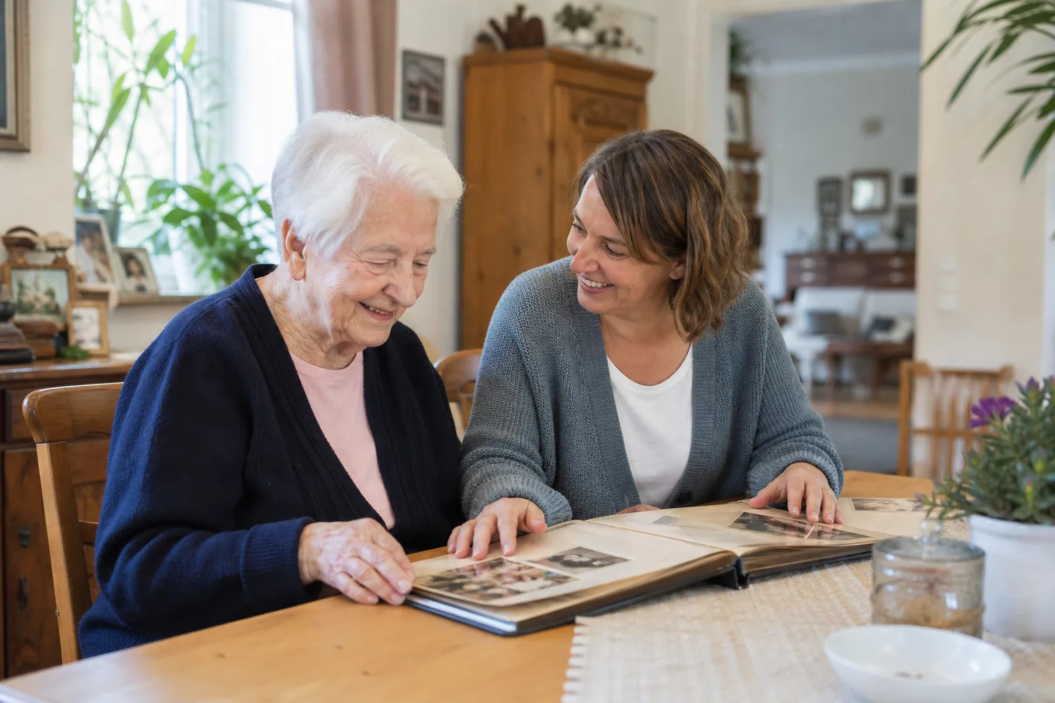 Eine Seniorin und ihre Betreuungskraft betrachten gemeinsam ein Familienalbum