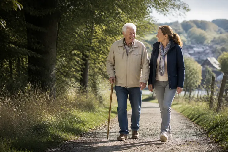 Senior und Betreuungskraft beim Spaziergang